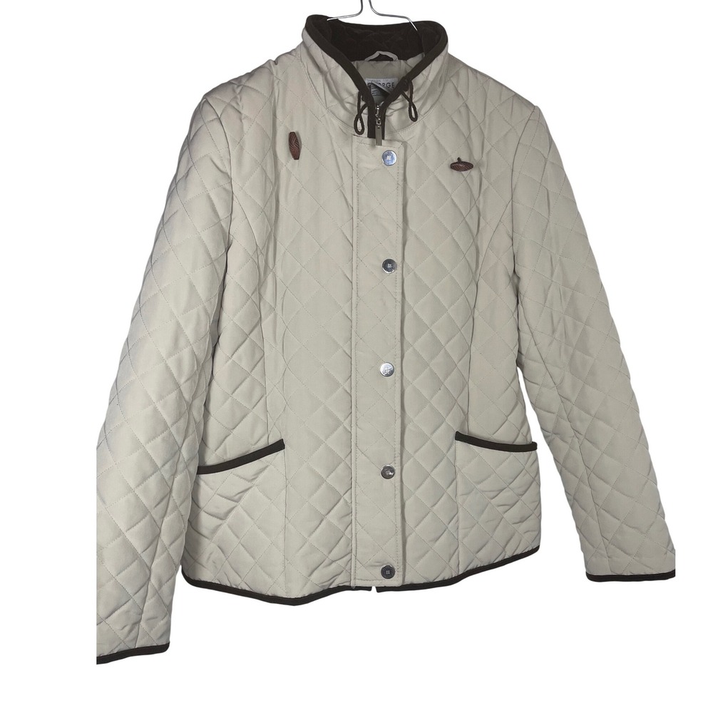 George Field Coat Cream Brown Trim Full Zip Stand Collar Women Large button &zip